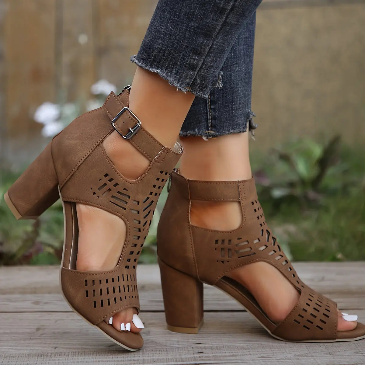 Women's black PU leather cut-out peep toe ankle boots with comfortable block heel edgy style