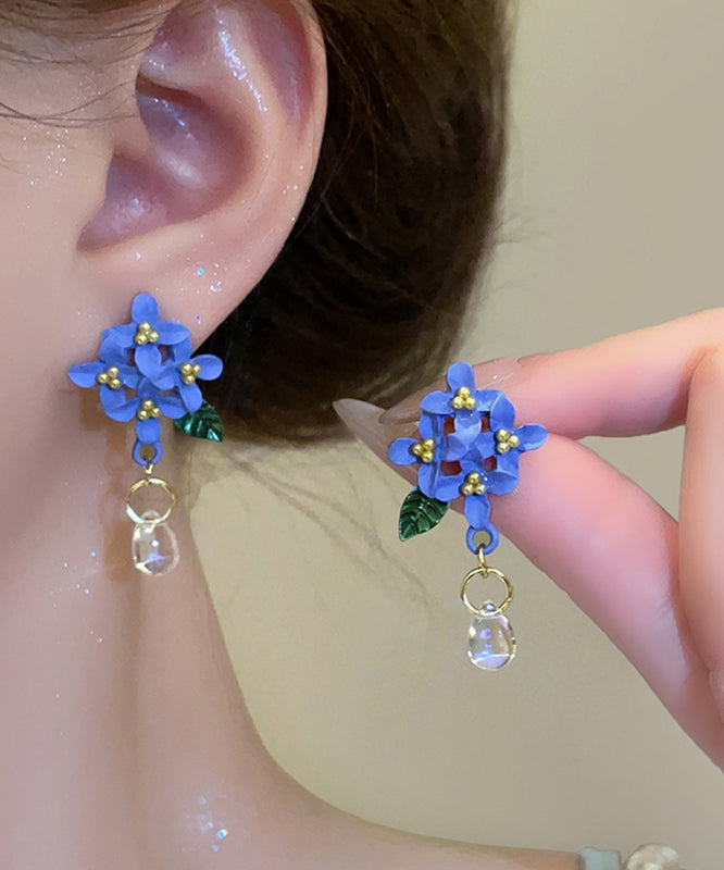 Boucles d'oreilles pendantes en résine et alliage bleu, motif floral, émail cuit - Urbann-Vibe