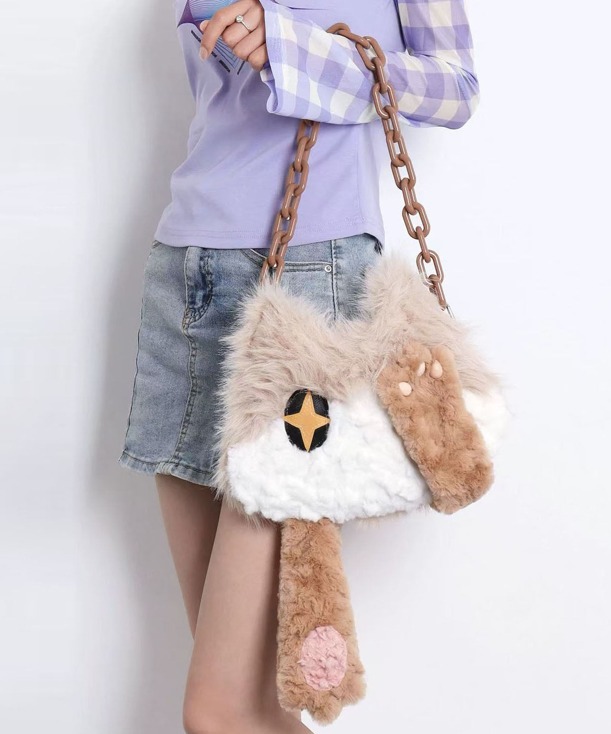 Sacs à bandoulière en fourrure de chat mignon et moelleux avec chaîne - Urbann-Vibe