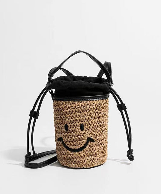Sac seau en paille tissée avec cordon de serrage et joli sourire kaki - Urbann-Vibe