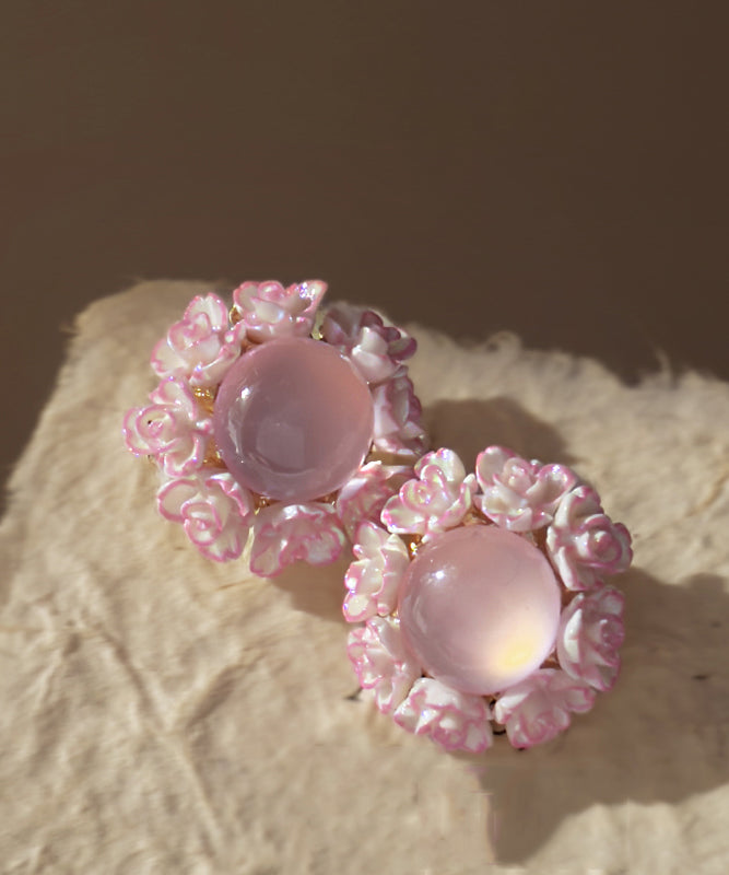 Boucles d'oreilles à tige florales en alliage rose avec pierre œil de chat incrustée - Urbann-Vibe