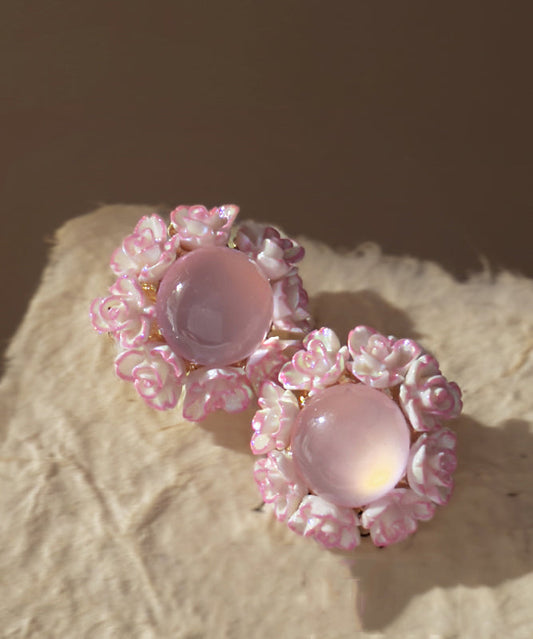 Boucles d'oreilles à tige florales en alliage rose avec pierre œil de chat incrustée - Urbann-Vibe