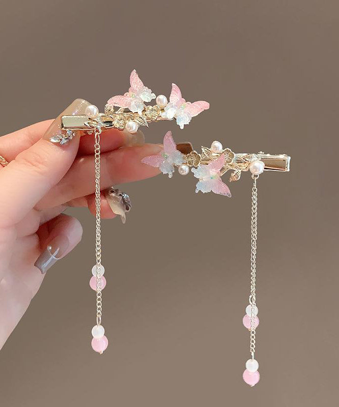 Jolie épingle à cheveux à pompon en alliage rose avec perles et papillon - Urbann-Vibe