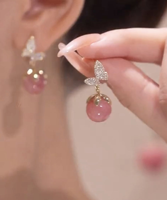 Boucles d'oreilles à tige en alliage de zircon rose avec pierre œil de chat et papillon - Urbann-Vibe