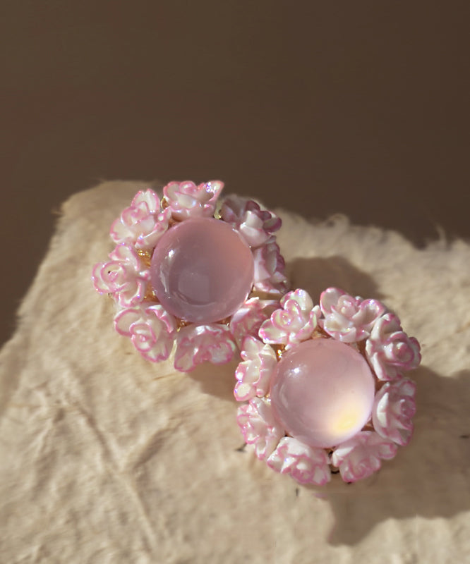 Boucles d'oreilles à tige en résine et alliage de cuivre rose avec motif floral œil de chat - Urbann-Vibe