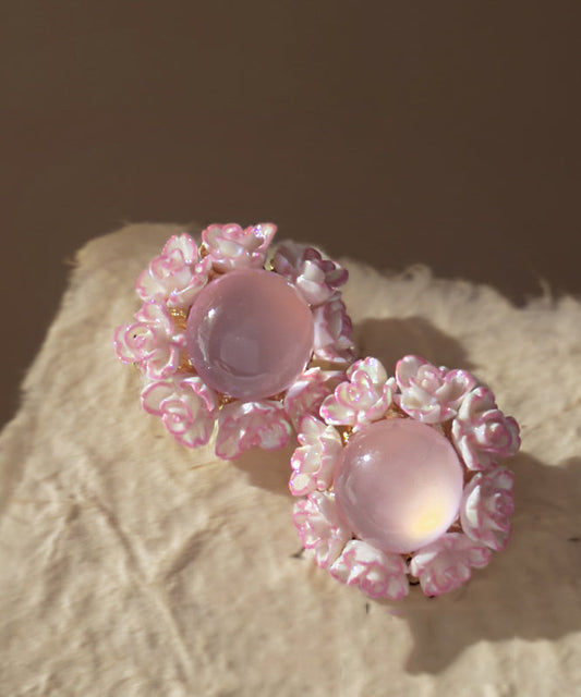 Boucles d'oreilles à tige en résine et alliage de cuivre rose avec motif floral œil de chat - Urbann-Vibe