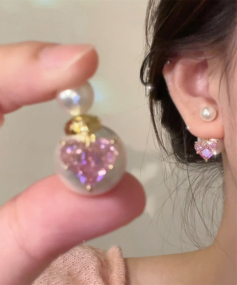 Boucles d'oreilles à tige en alliage de cuivre rose avec perles d'amour en zircon - Urbann-Vibe