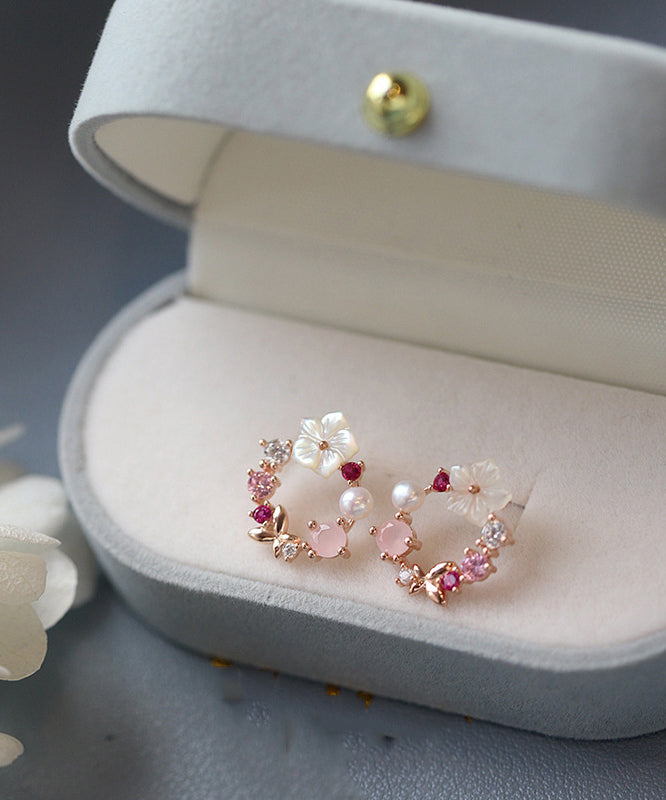 Jolies boucles d'oreilles créoles florales en zircon rose surdoré - Urbann-Vibe