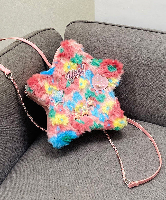 Sac à dos en fausse fourrure patchwork rose à cinq branches pour fille - Urbann-Vibe