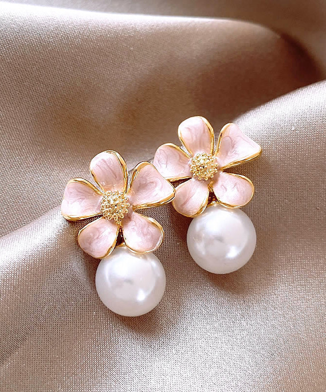 Boucles d'oreilles puces mignonnes en alliage de métal rose avec perles et effet floral coulant - Urbann-Vibe