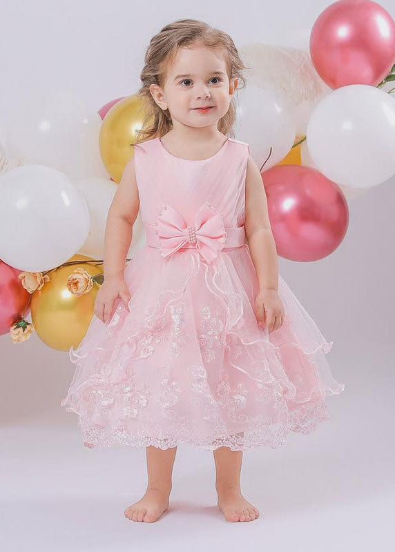 Jolie robe longue rose en tulle brodé à col rond pour fille, sans manches - Urbann-Vibe