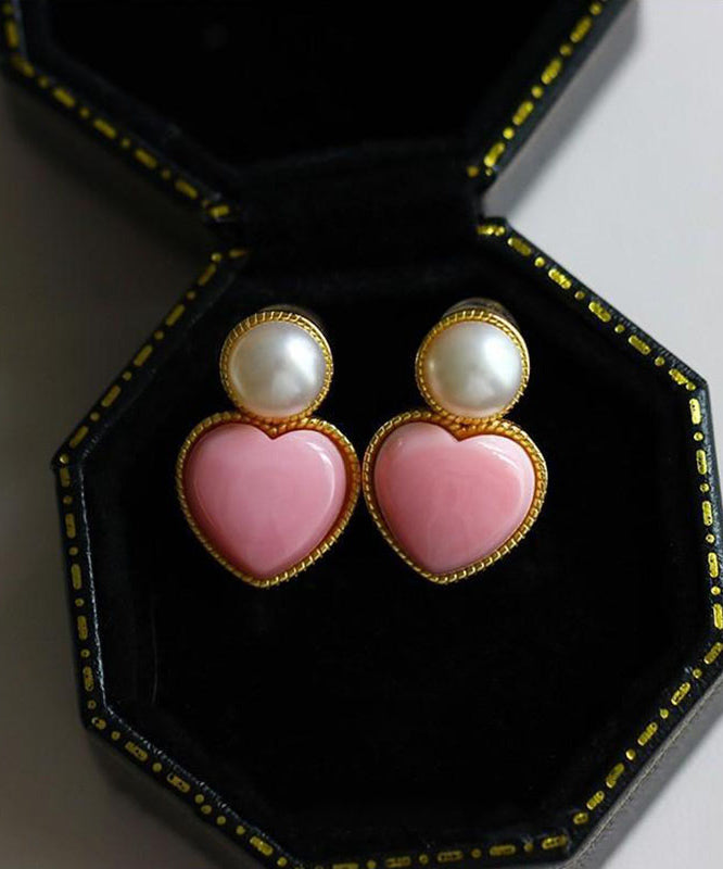 Boucles d'oreilles à tige en argent sterling rose avec perles d'amour surdorées - Urbann-Vibe