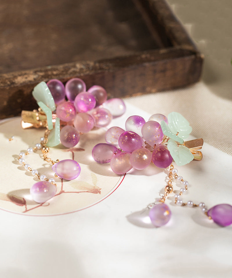 Jolie paire d'épingles à cheveux en jade et cuivre violet surdoré avec pompon en forme de raisin - Urbann-Vibe