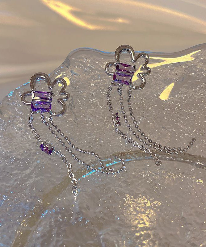 Jolies boucles d'oreilles pendantes à pampilles florales en argent sterling violet - Urbann-Vibe