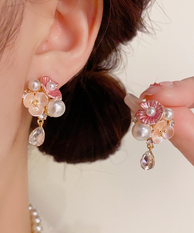 Boucles d'oreilles pendantes en cuivre doré arc-en-ciel, zircon, perle et motif floral en forme de goutte d'eau - Urbann-Vibe