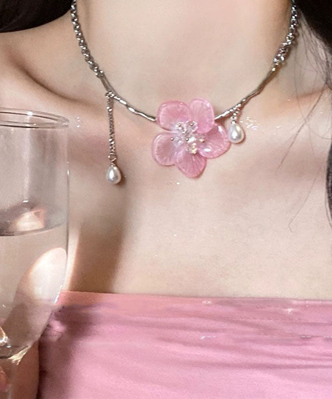 Collier pendentif à pompon floral en acier inoxydable rose rétro mignon avec perles - Urbann-Vibe