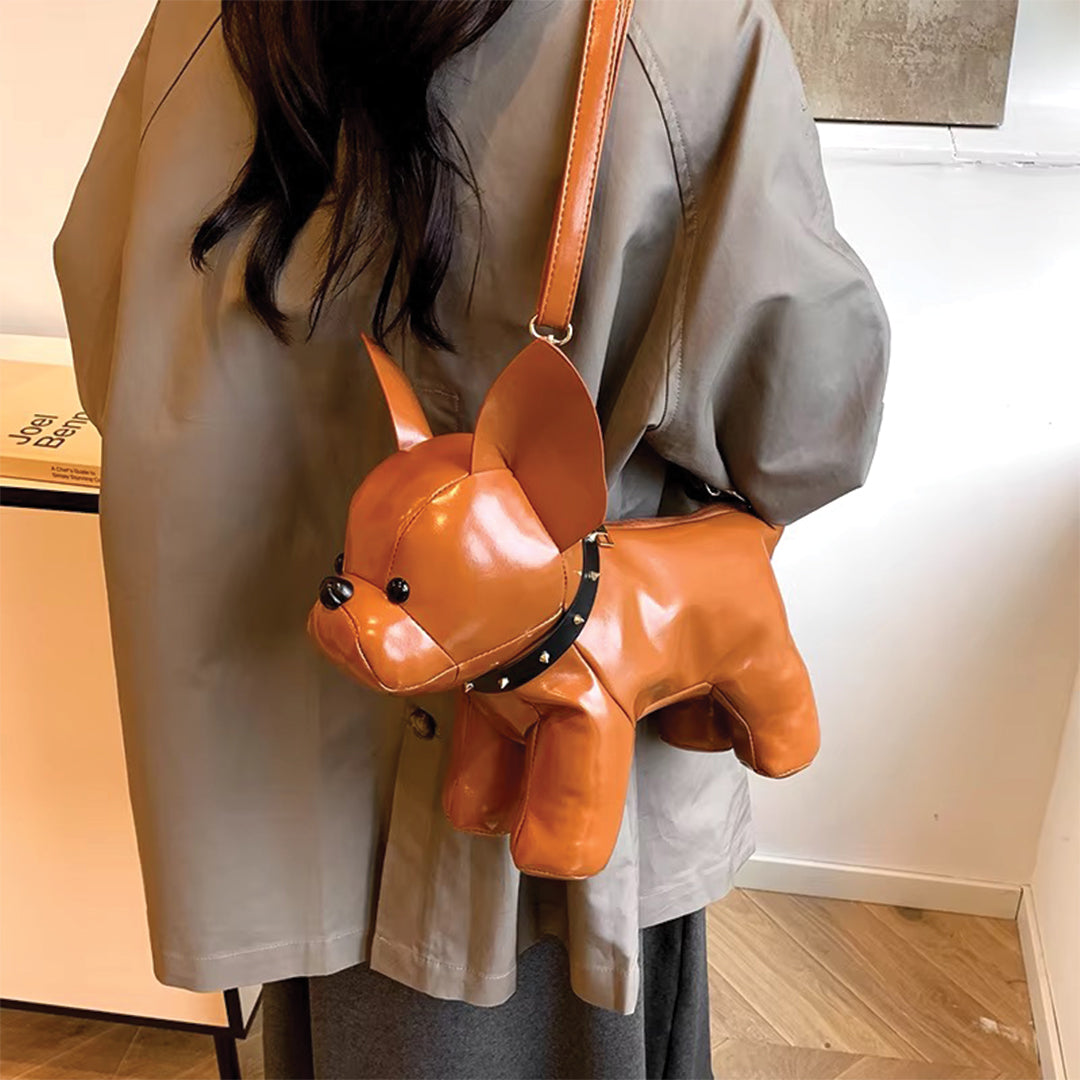 Charlie French bulldog crossbody bag sustainable vegan leather playful luxury adjustable strap dog lovers
