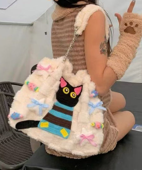 Sac à rabat en fourrure duveteuse brodée de chat blanc mignon pour filles - Urbann-Vibe