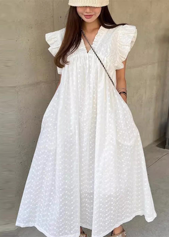 Jolie robe de vacances en coton à volants et pois blancs sans manches - Urbann-Vibe