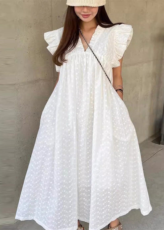 Jolie robe de vacances en coton à volants et pois blancs sans manches - Urbann-Vibe