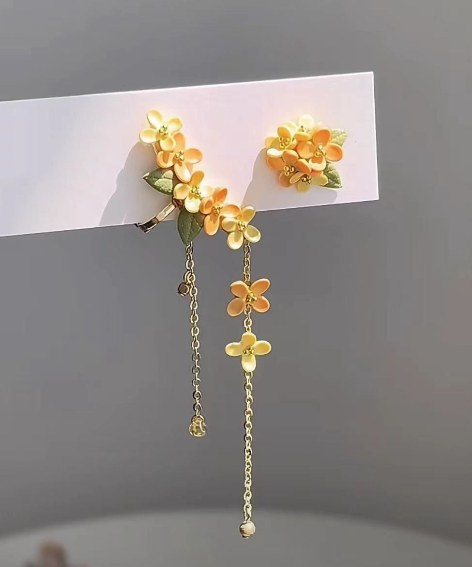 Boucles d'oreilles pendantes à pompon en alliage jaune avec motif osmanthus - Urbann-Vibe