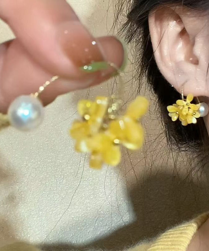 Boucles d'oreilles créoles florales en perles acryliques jaunes cuivrées - Urbann-Vibe