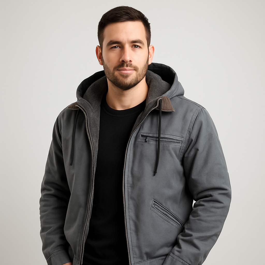 Men's classic hooded winter jacket zip front structured fit urban style cold weather