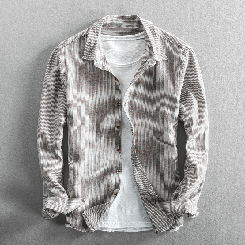 Men's cotton linen striped shirt regular fit long sleeve button-up breathable casual semi-formal