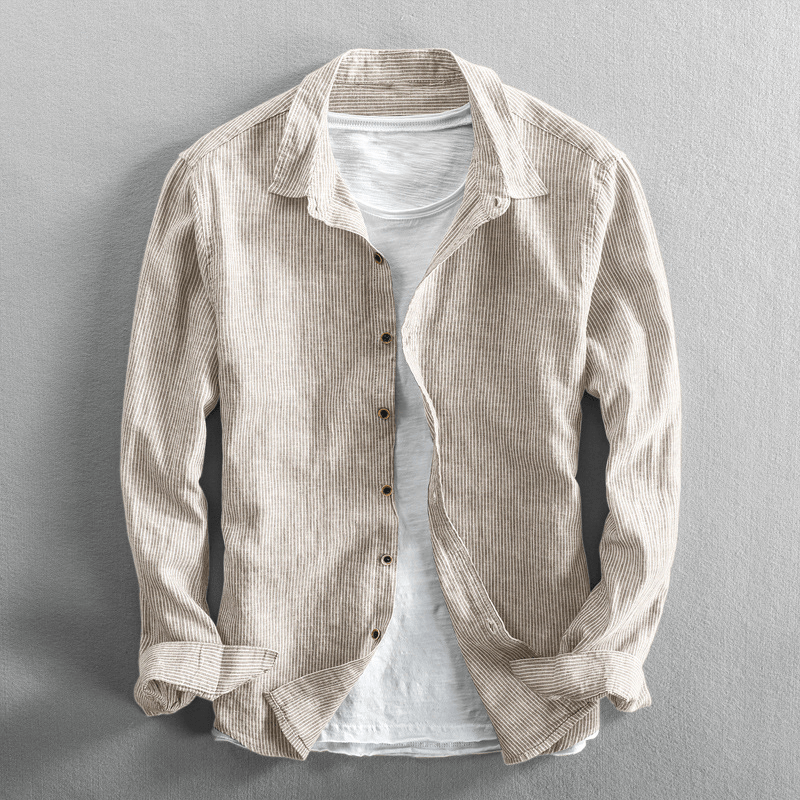 Men's cotton linen striped shirt regular fit long sleeve button-up breathable casual semi-formal