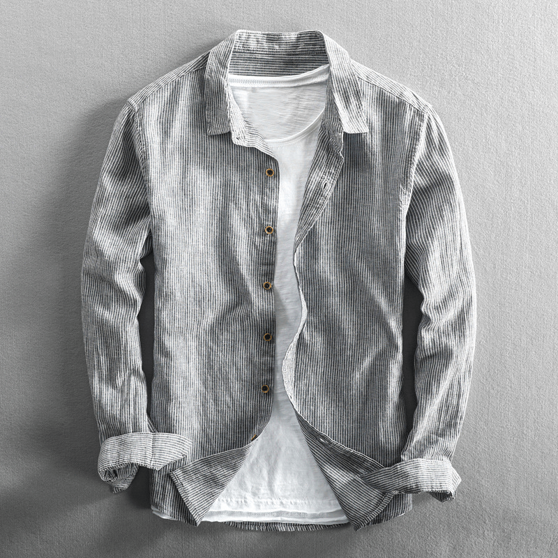 Men's cotton linen striped shirt regular fit long sleeve button closure breathable versatile