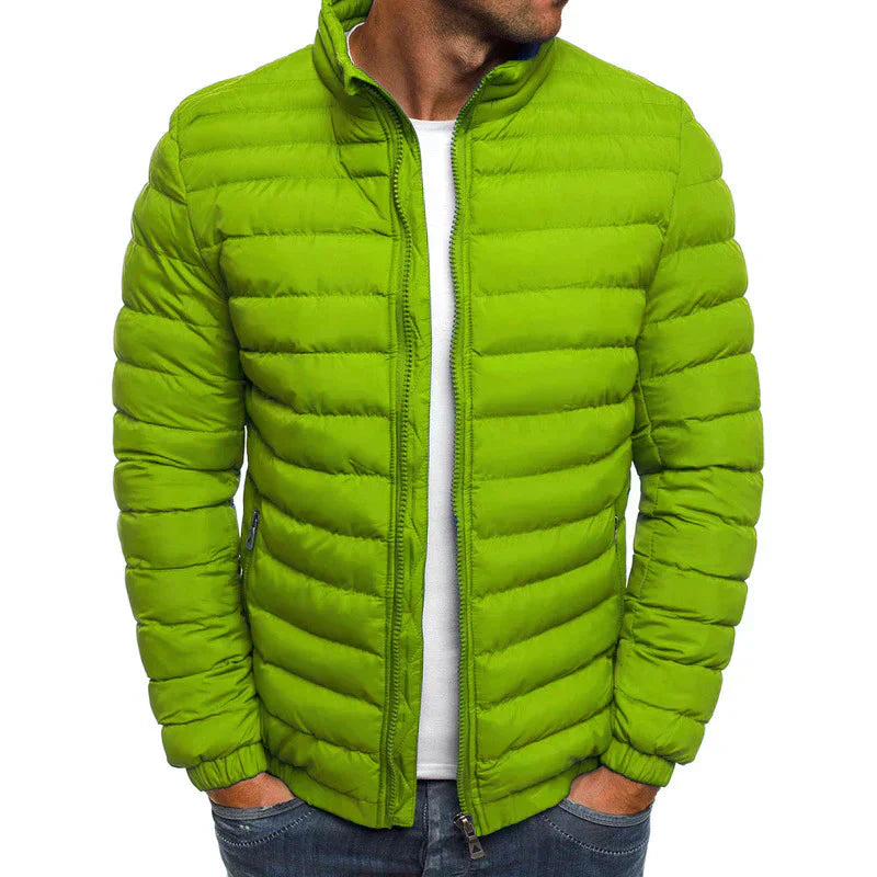 Men's lightweight black puffer jacket windproof high collar zip closure slim casual fit
