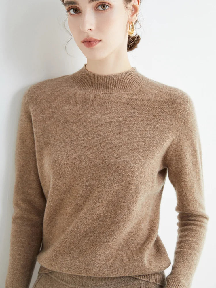 Elegant women's knit sweater in neutral tones, tailored silhouette for office and cozy evening wear