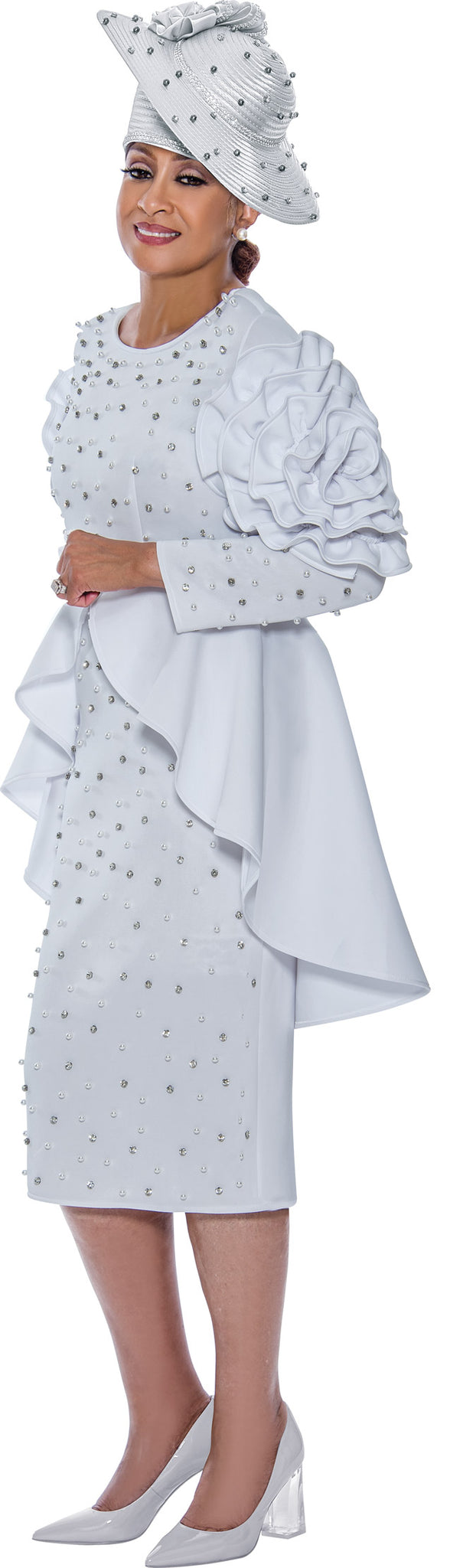 Divine Apparel navy white satin tea-length long sleeve formal dress elegant plus size eveningwear