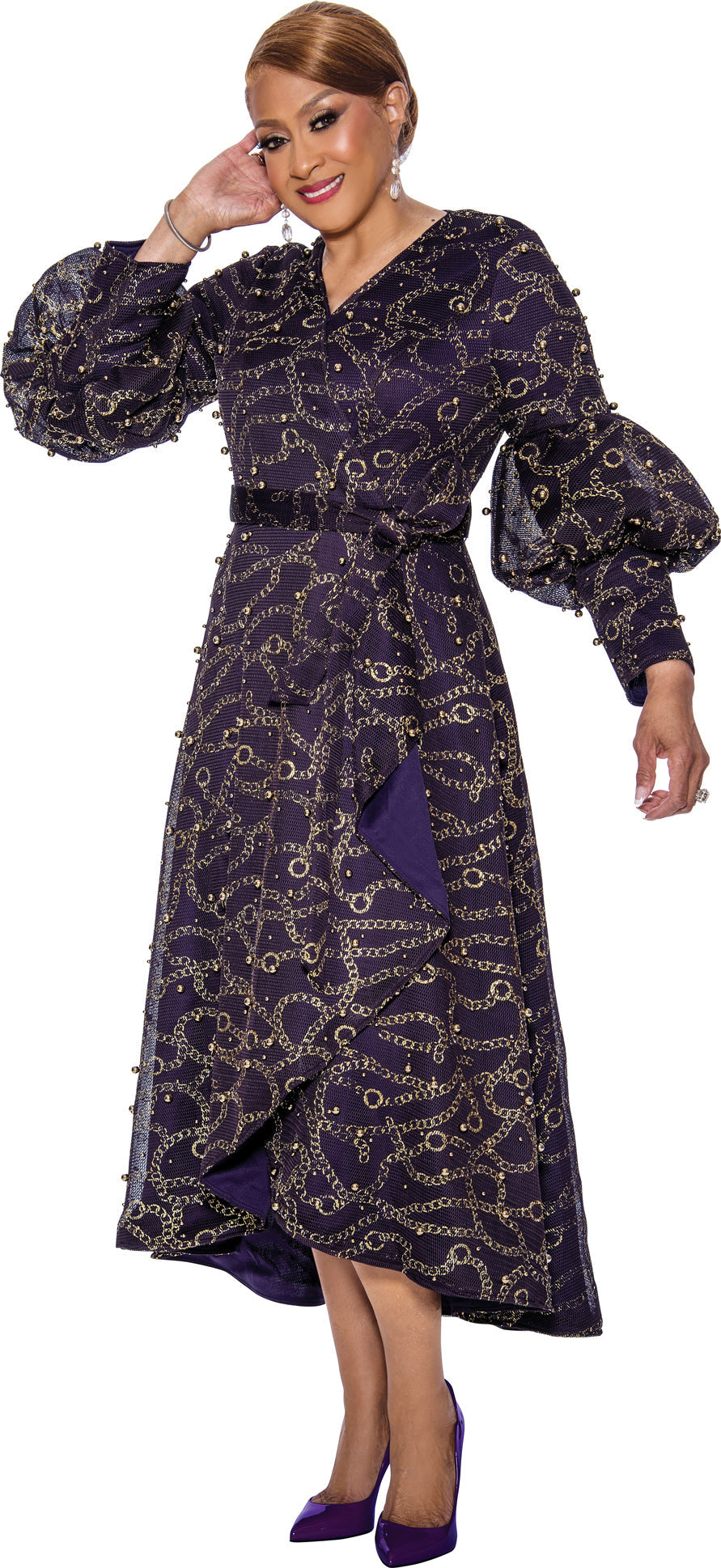 Divine Apparel red sequin mesh high-neck long sleeve formal gown with shimmering light-catching texture