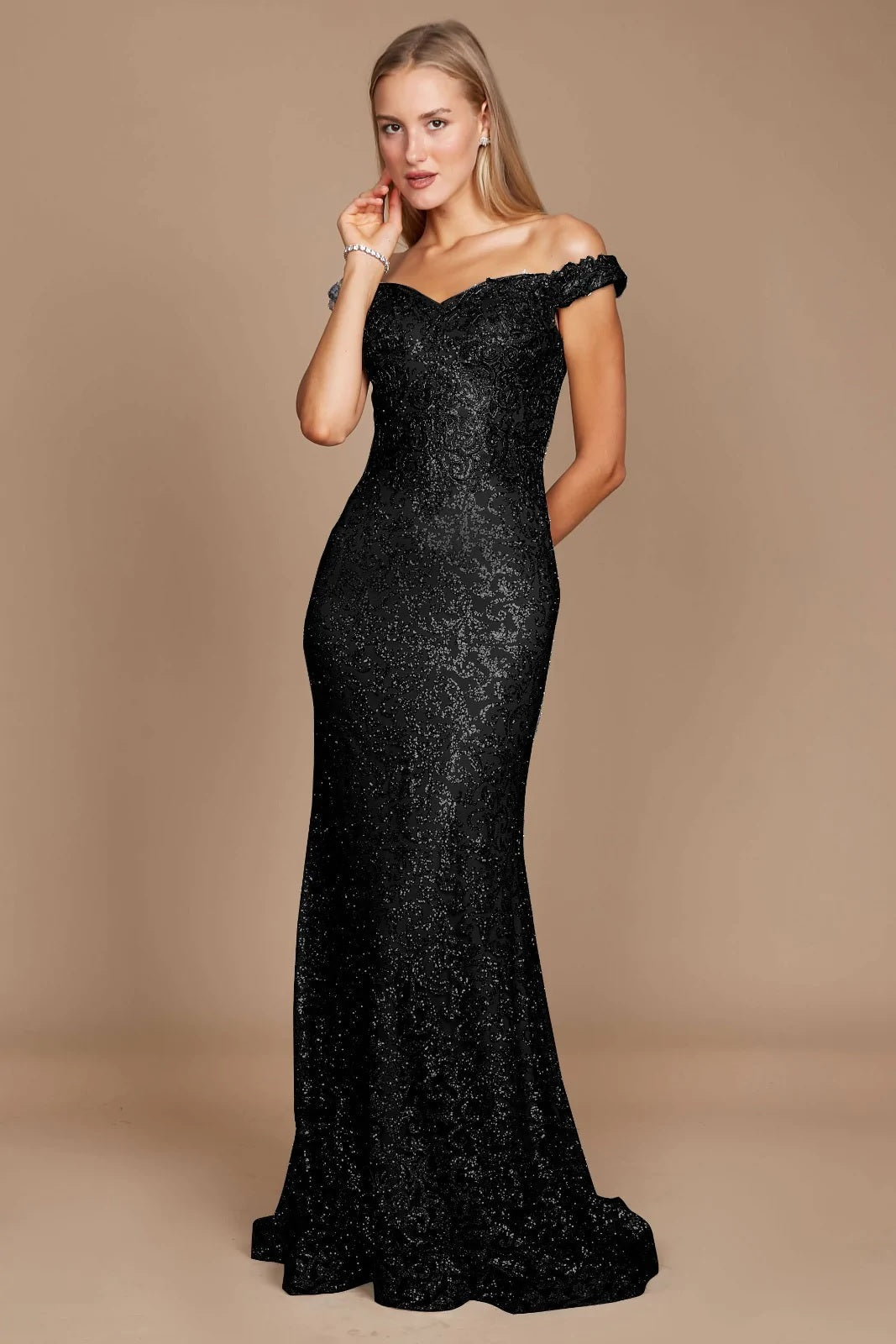 Satin off-shoulder mermaid evening gown with curve-hugging silhouette and dramatic flare