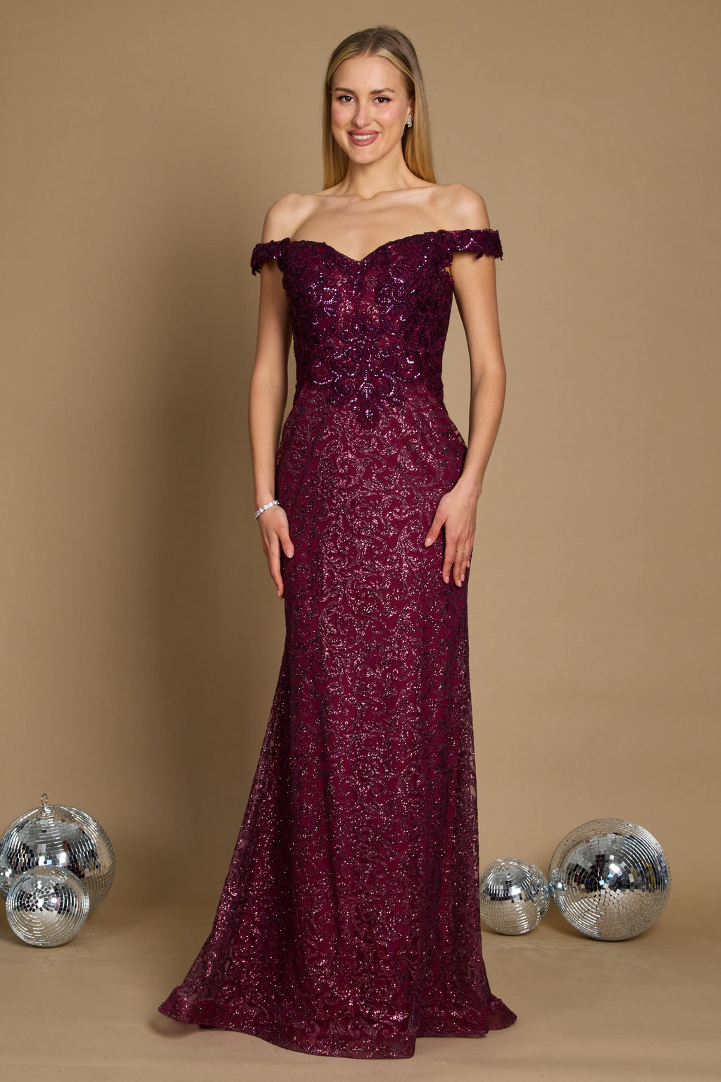 Satin off-shoulder mermaid evening gown with curve-hugging silhouette and dramatic flare