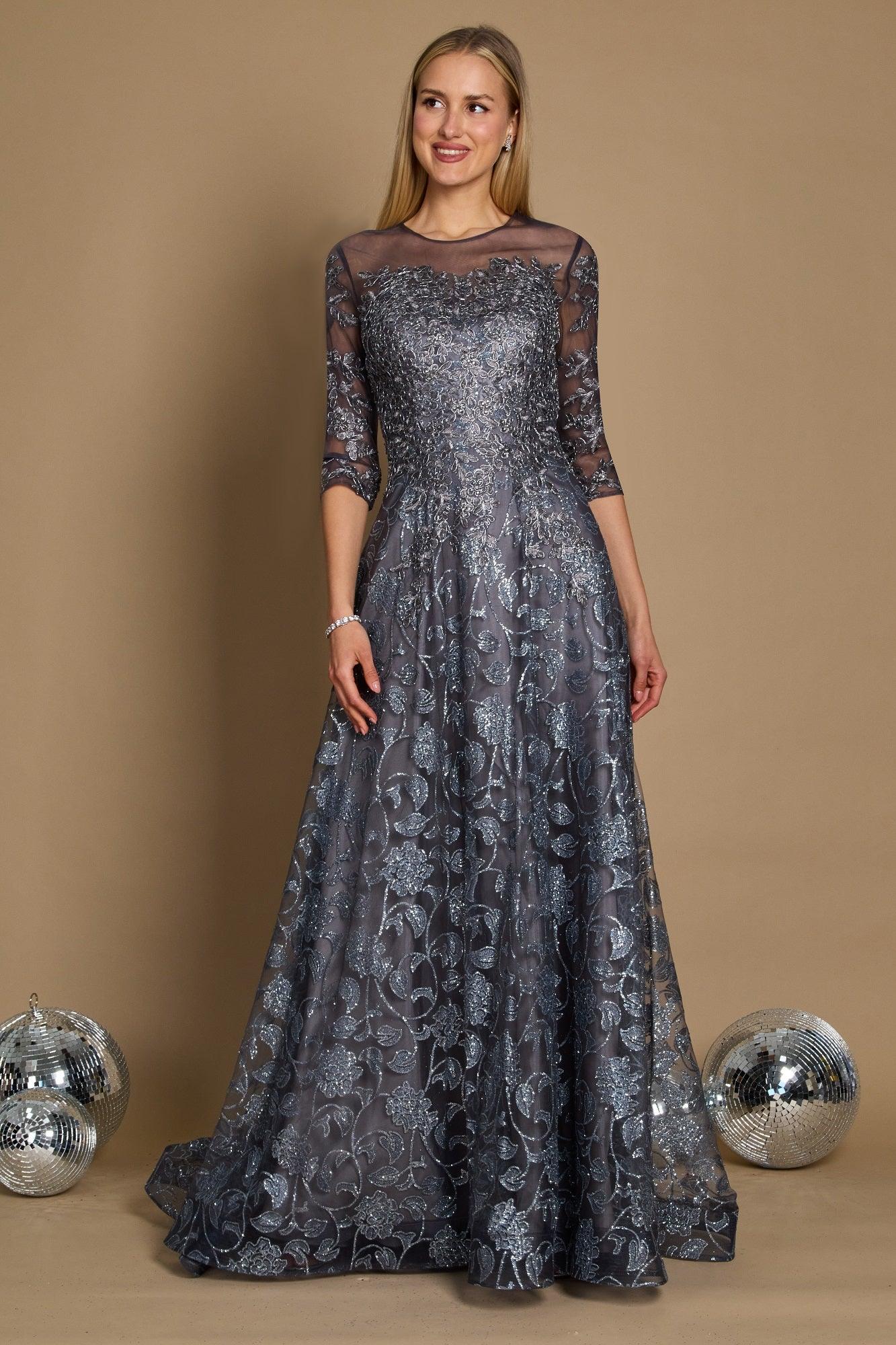 Elegant navy blue A-line lace evening dress with glitter embroidery and 3/4 sleeves for mother of bride
