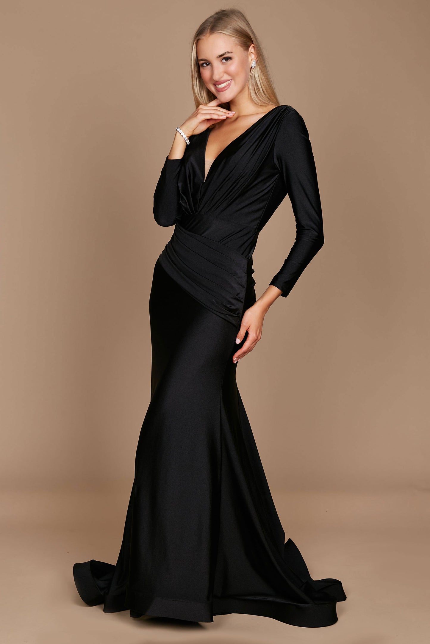 Dylan & Davids satin long sleeve evening gown women body-contouring stretch jersey formal dress