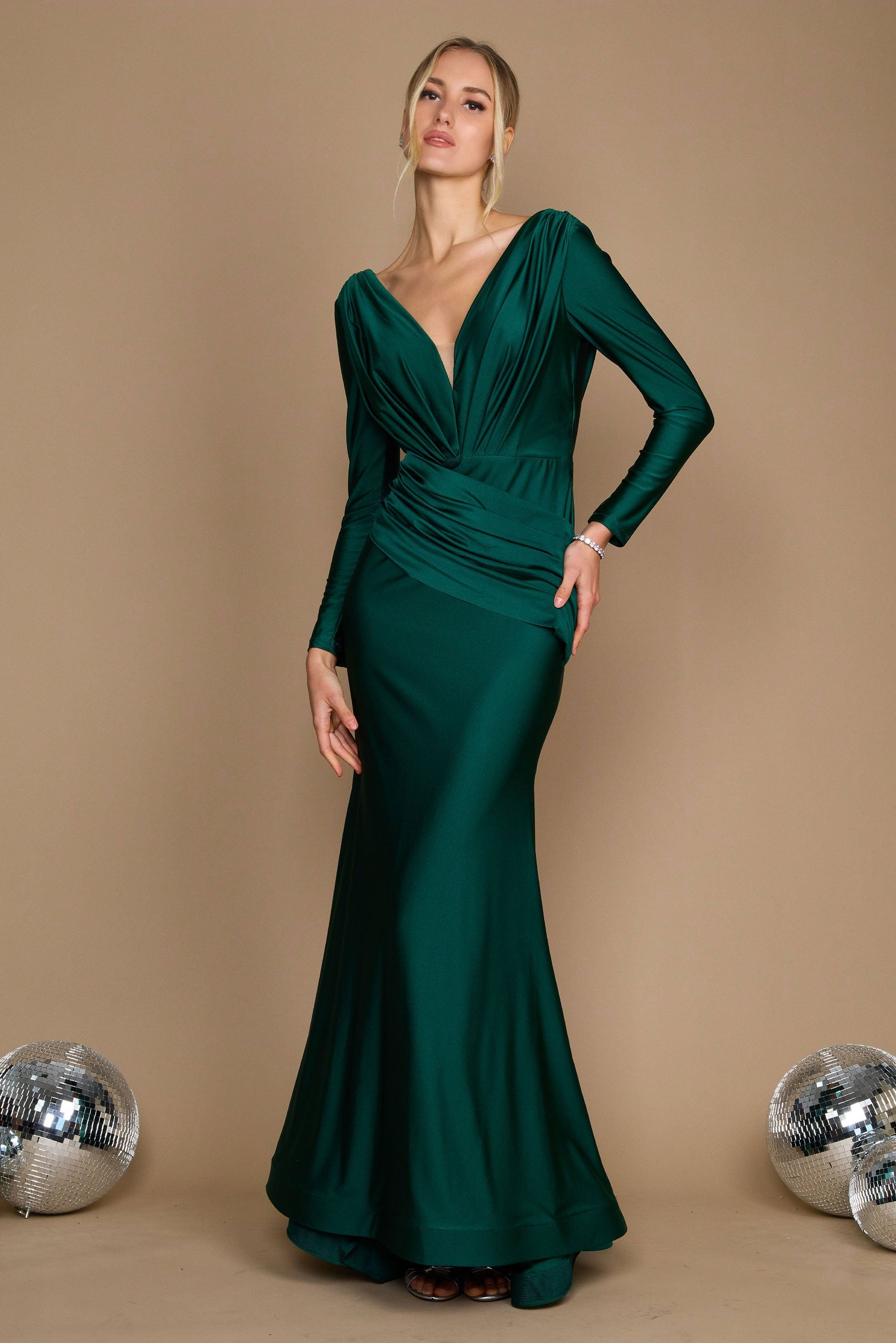 Dylan & Davids satin long sleeve evening gown women body-contouring stretch jersey formal dress
