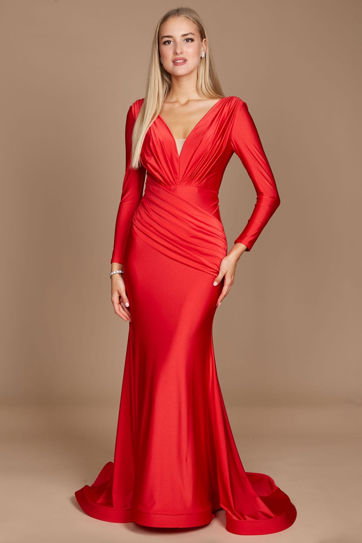 Dylan & Davids satin long sleeve evening gown women body-contouring stretch jersey formal dress