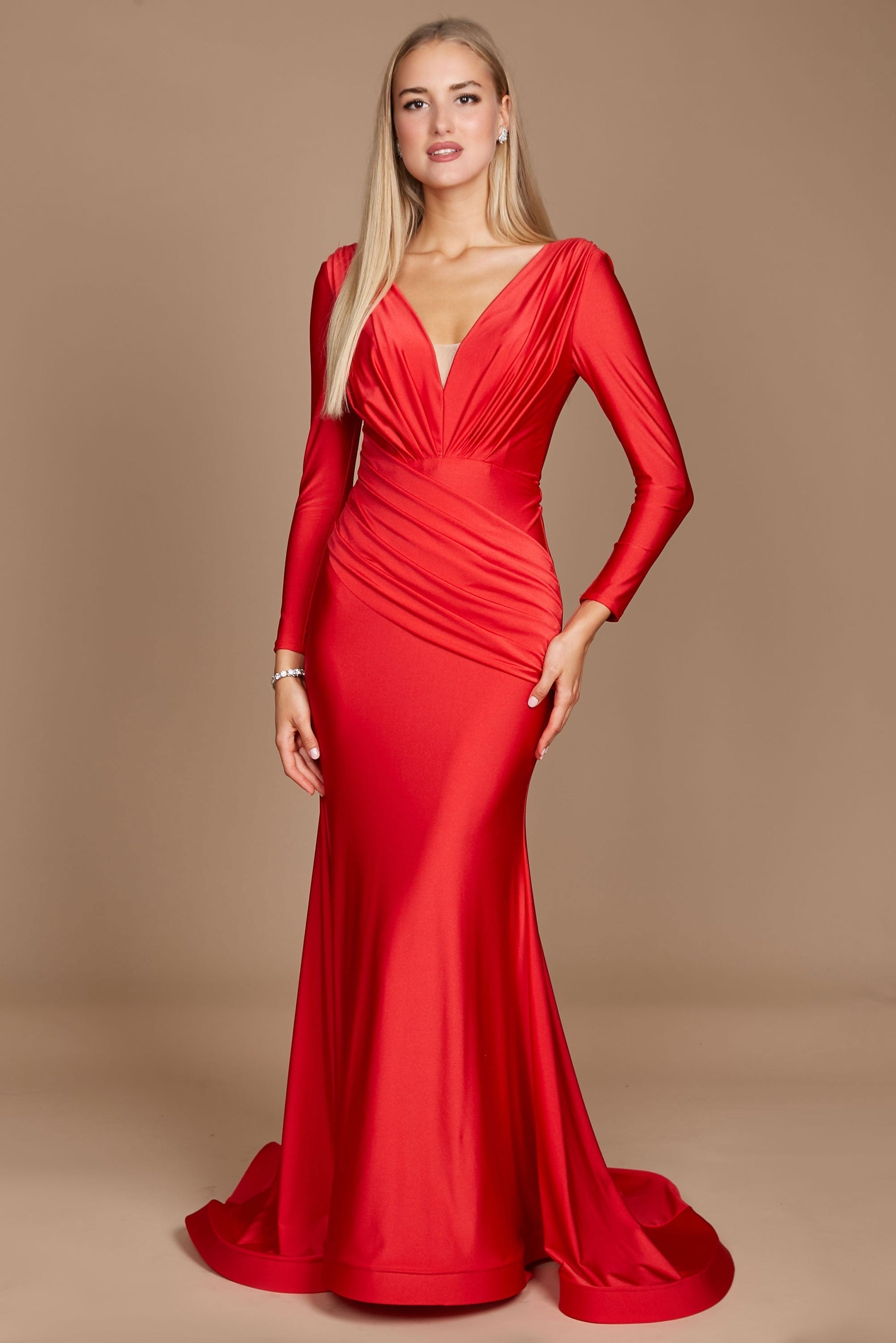 Dylan & Davids satin long sleeve evening gown women body-contouring stretch jersey formal dress