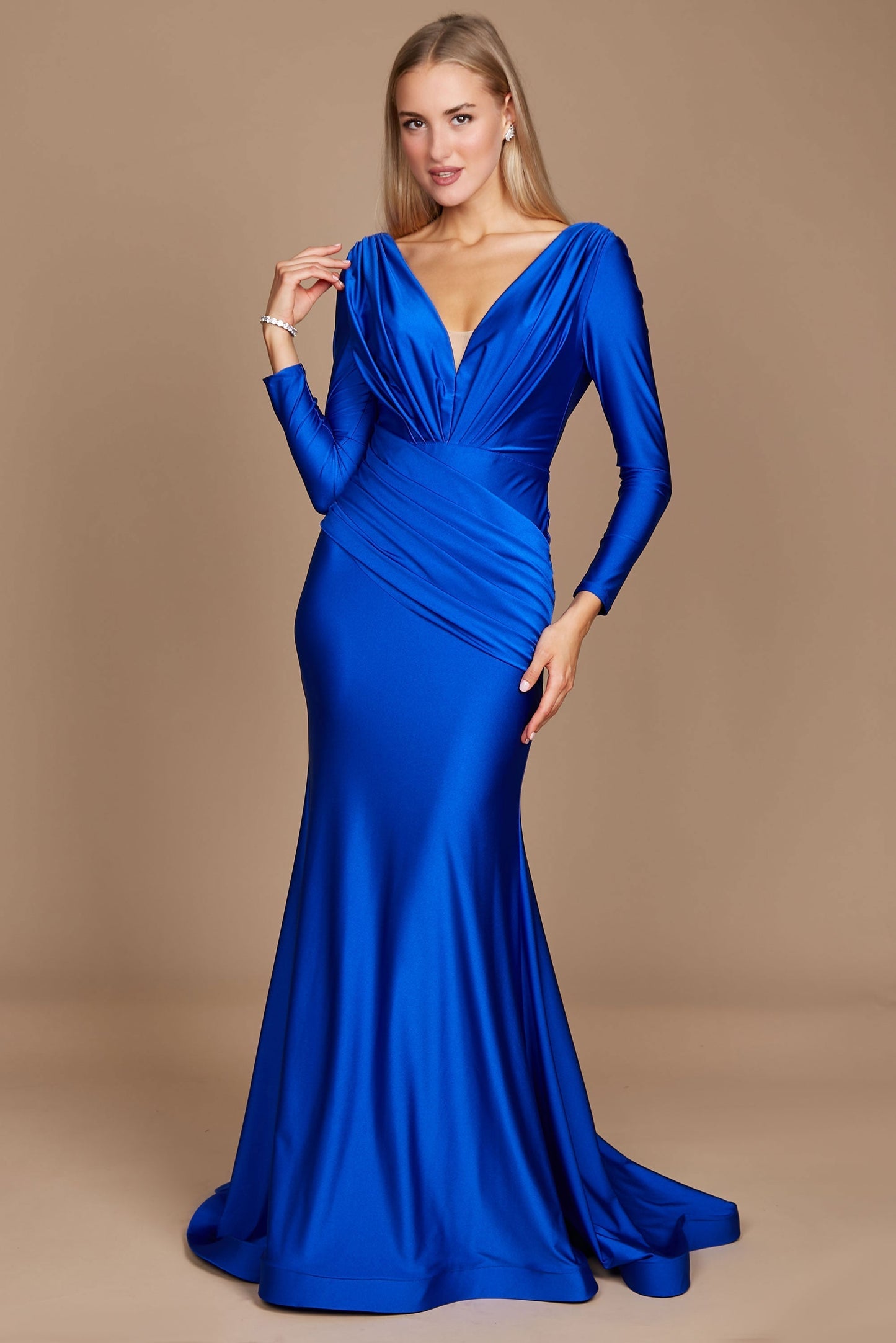 Dylan & Davids satin long sleeve evening gown women body-contouring stretch jersey formal dress