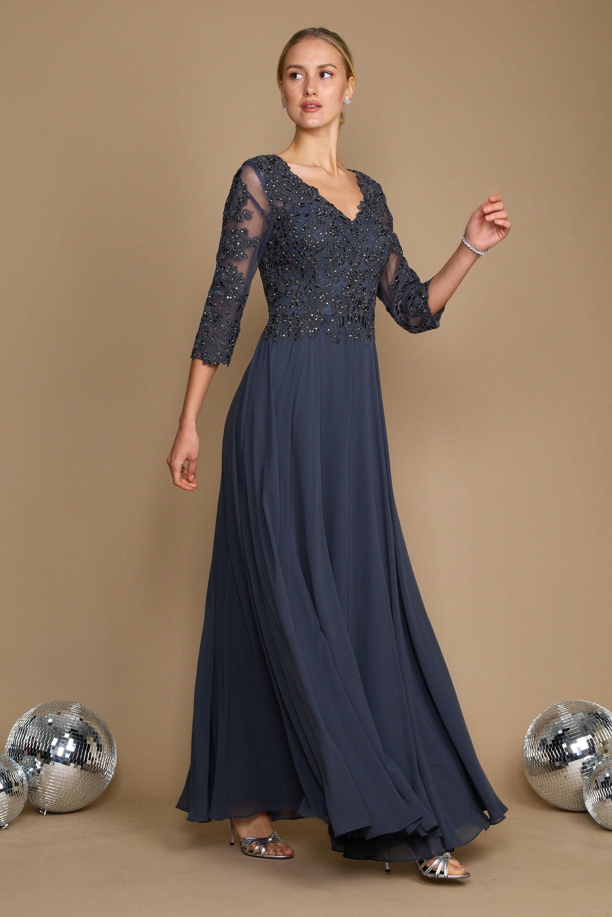 Elegant chiffon mother of bride long formal dress V-neck long sleeves hand-beaded bodice sparkle