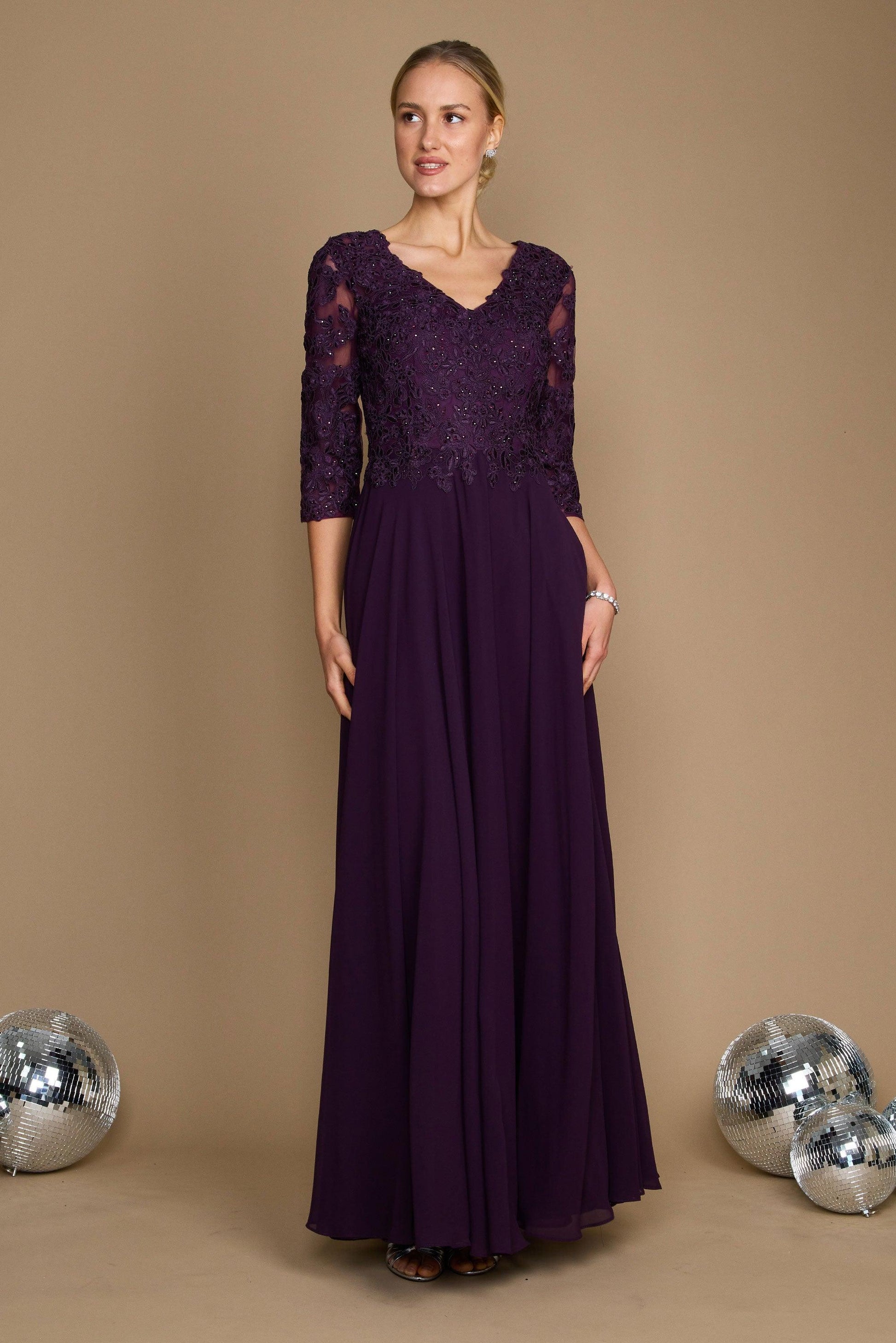 Elegant chiffon mother of bride long formal dress V-neck long sleeves hand-beaded bodice sparkle