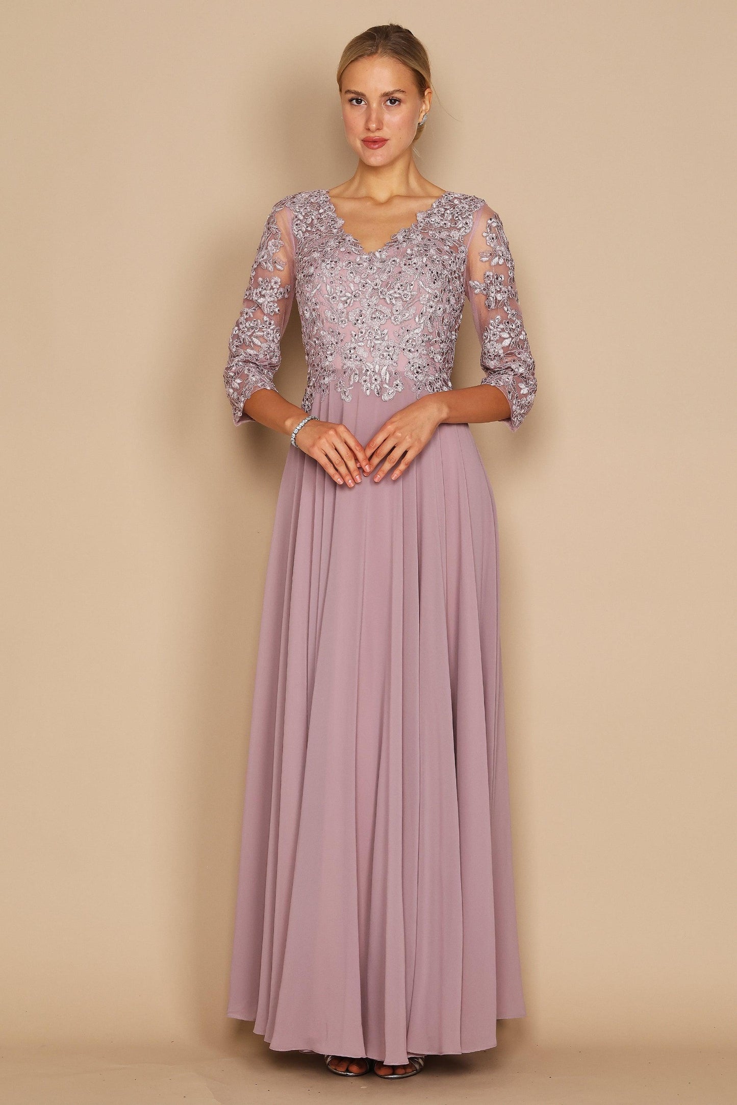 Elegant champagne chiffon mother of the bride gown with hand-beaded bodice, V-neck, long sleeves