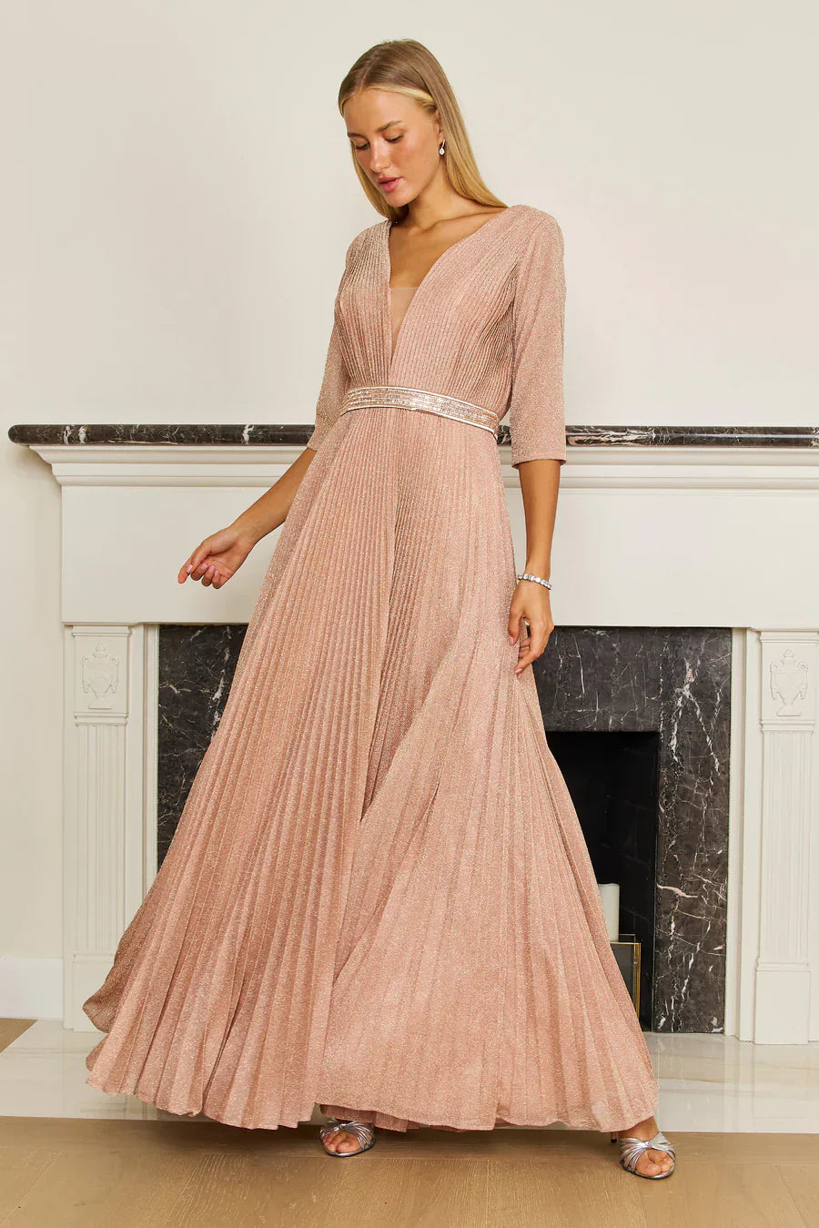 Burgundy long sleeve formal A-line evening dress with soft V-neck, flowy layered skirt for mother of bride