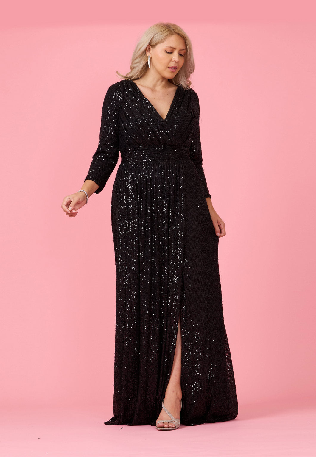 Long sleeve sequin prom dress with hand-beaded detailing, sparkling formal gown for elegant evenings