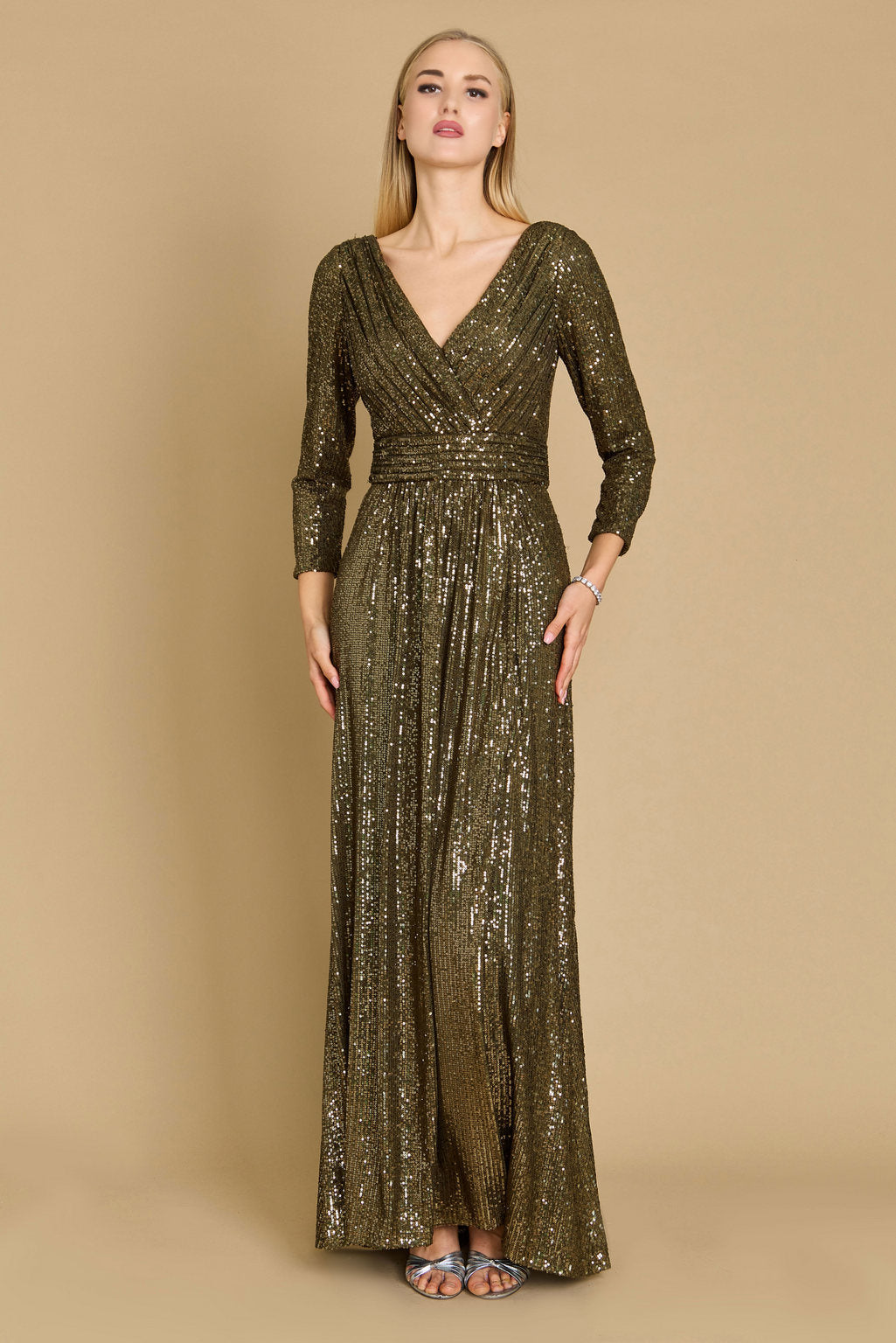 Long sleeve sequin prom dress with hand beaded detailing, sparkly formal gown for elegant evenings