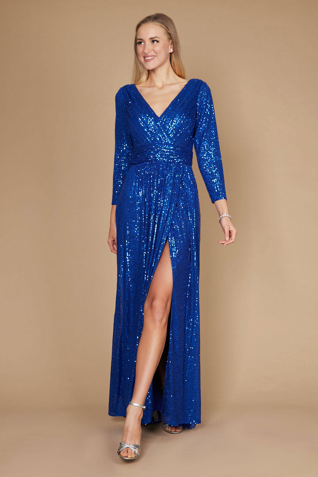 Long sleeve sequin prom dress with hand-beaded detailing, sparkle formal gown for elegant evenings