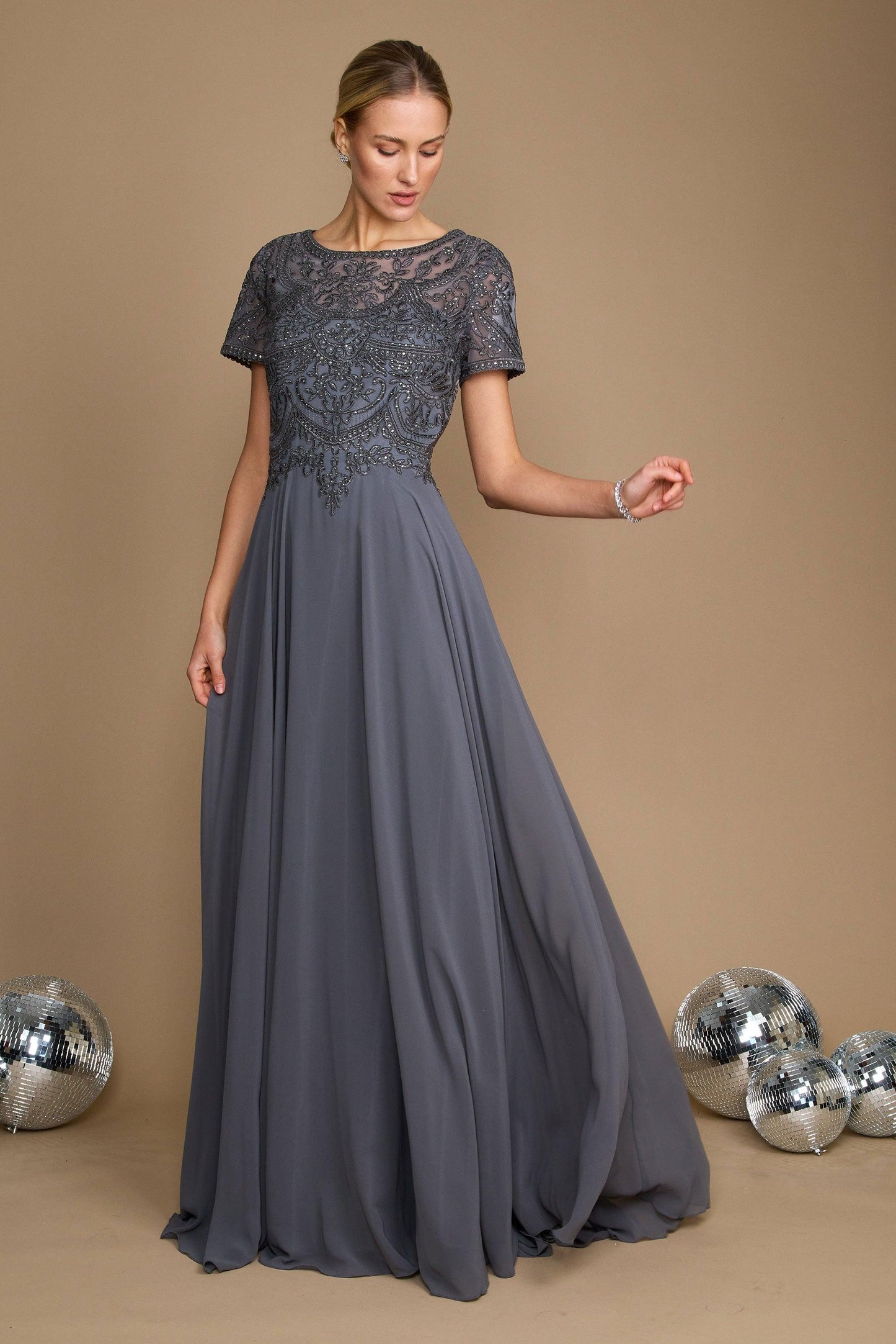 Elegant short sleeve chiffon mother of the bride dress in neutral tone with diamond-embellished bodice